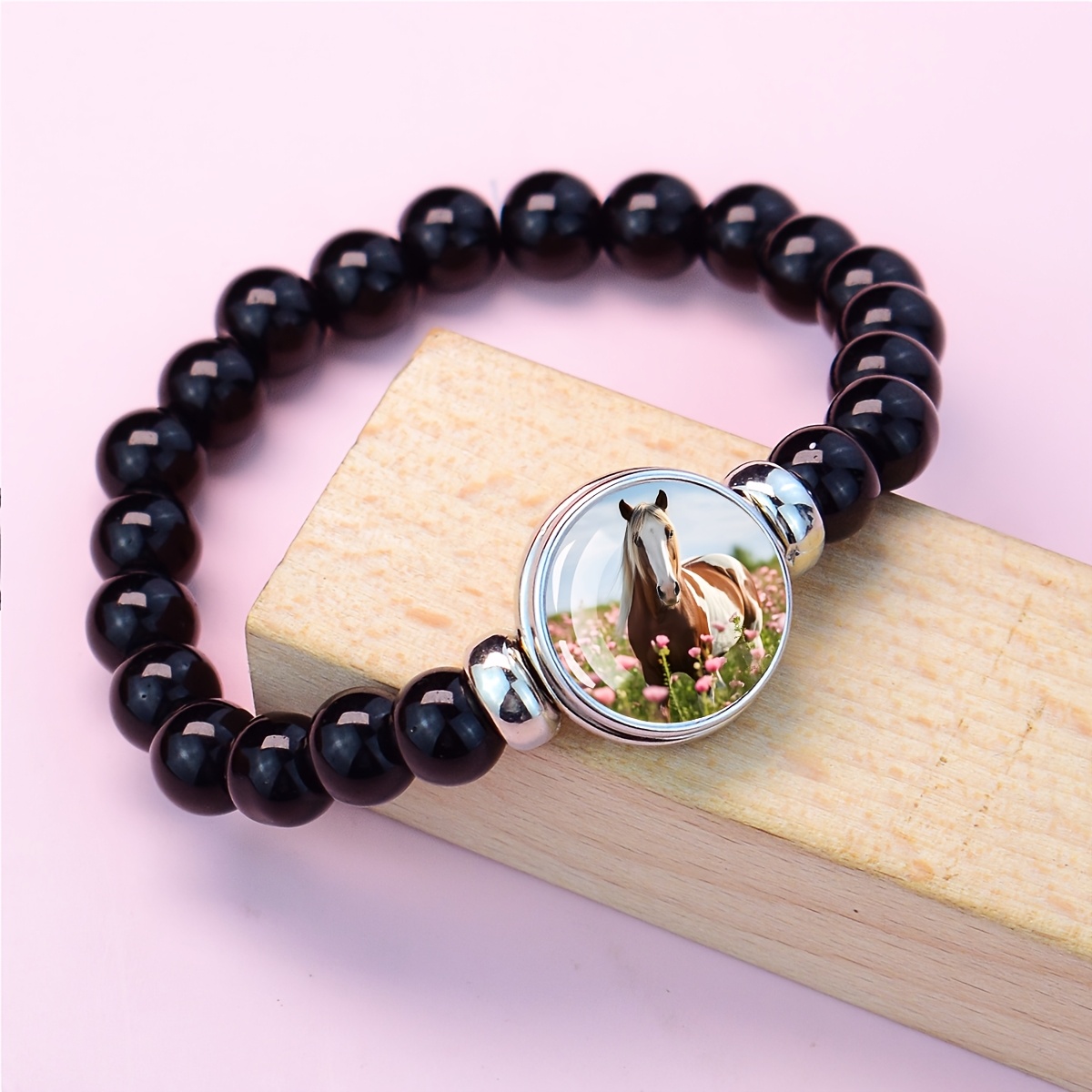 Horse in Flower Field Beaded Bracelet, Elegant Gift
